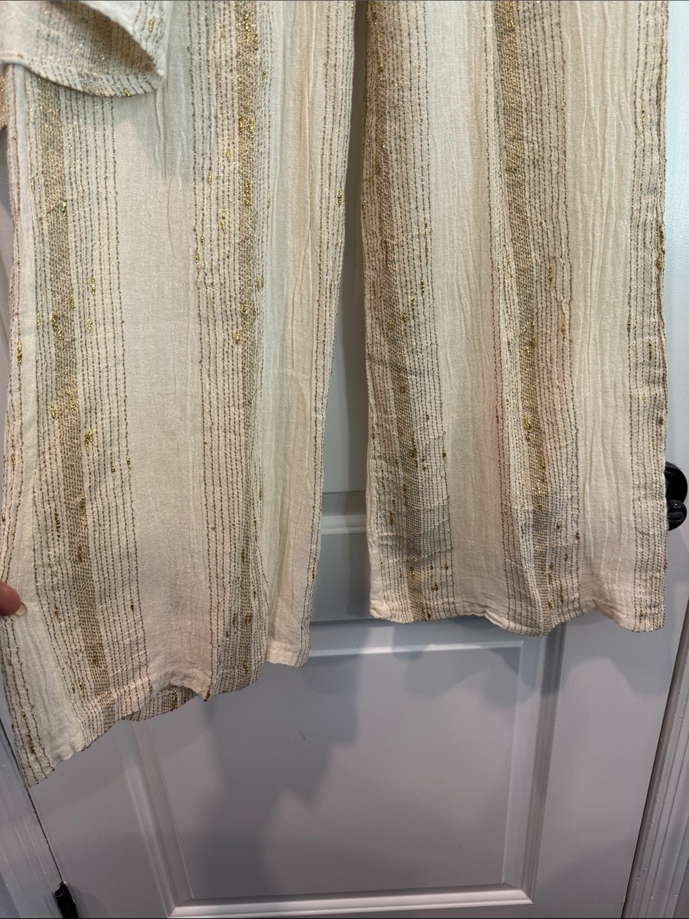 2pc Cream & Gold Cotton•Linen Blend  Top & Pant Set - Made in Italy Size Medium - Picture 7 of 7